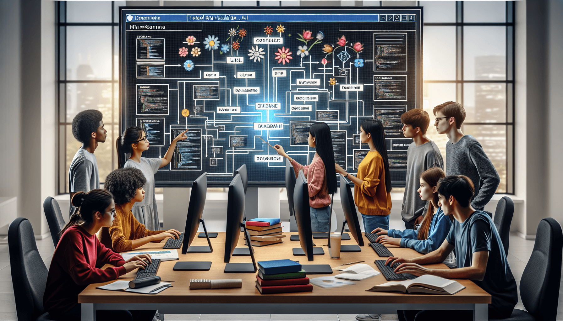 Estudantes de TI usando Criador de Diagramas UML